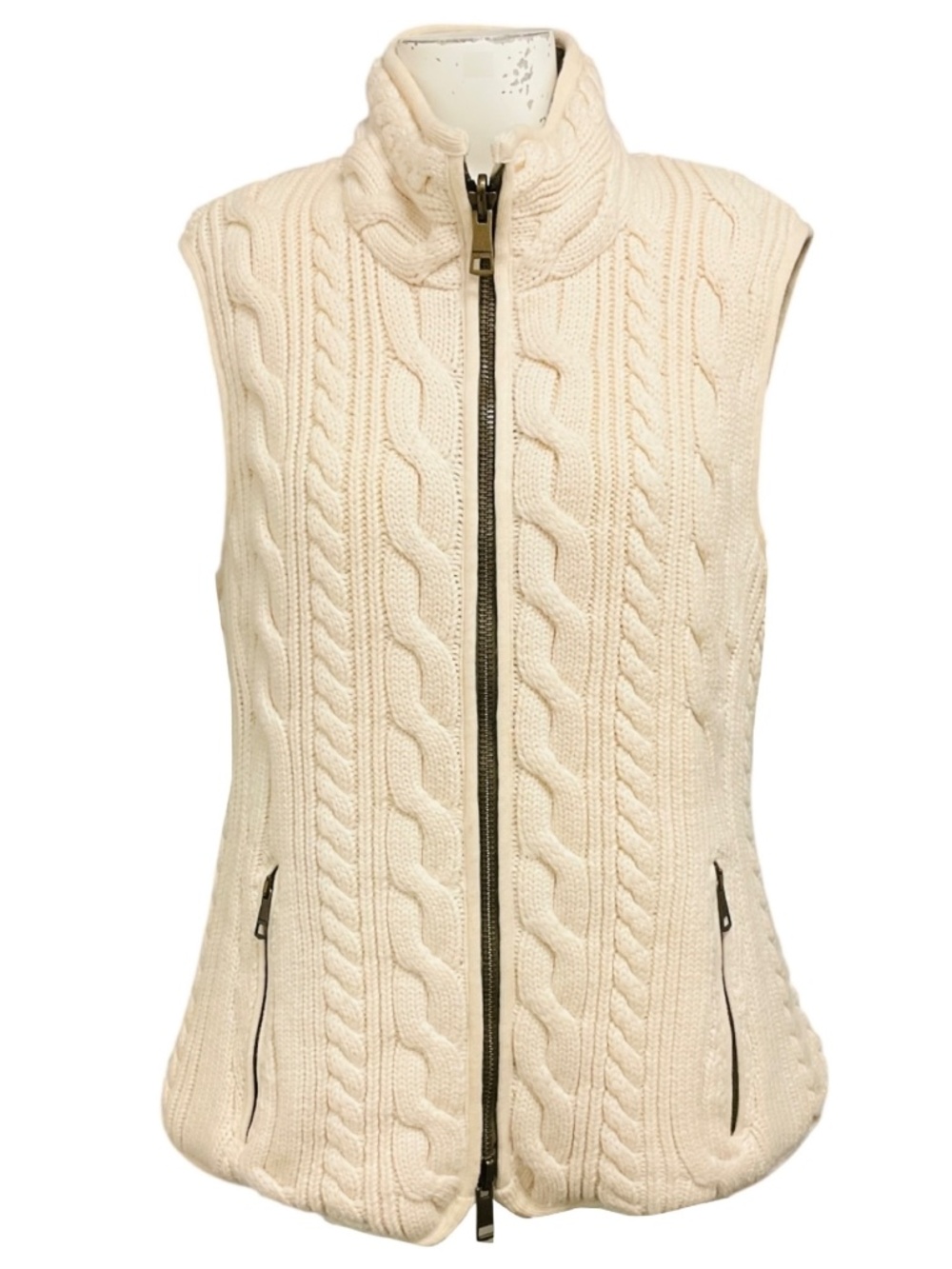 BURBERRY BRIT PALE FAWN REVERSIBLE MERINO WOOL CABLE KNIT AND NYLON ZIP FRONT PA